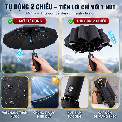 (KH) Ô Dù Che Nắng Che Mưa Sử Dụng Ngoài Trời Gấp Gọn Tự Động 2 Chiều 24 Nan Kép Cao Cấp