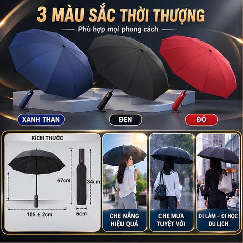 (KH) Ô Dù Che Nắng Che Mưa Sử Dụng Ngoài Trời Gấp Gọn Tự Động 2 Chiều 24 Nan Kép Cao Cấp