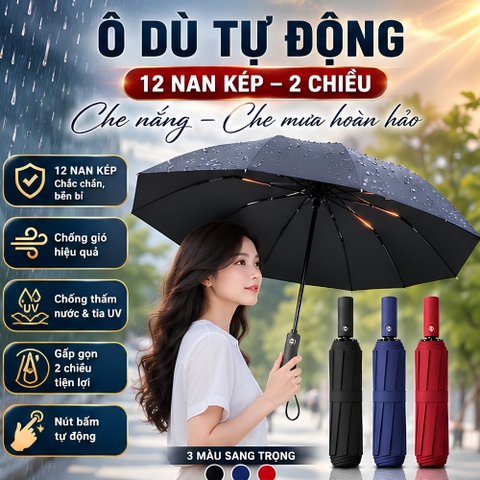 (KH) Ô Dù Che Nắng Che Mưa Sử Dụng Ngoài Trời Gấp Gọn Tự Động 2 Chiều 24 Nan Kép Cao Cấp