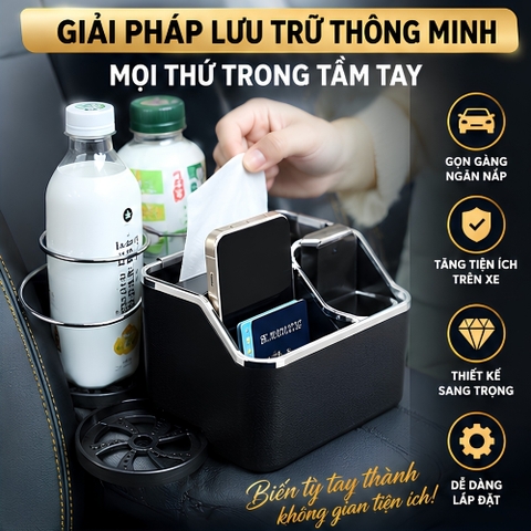 (4 in 1) Hộp đựng đồ 4 ngăn đa năng đặt trên tỳ tay trong xe màu - HTT