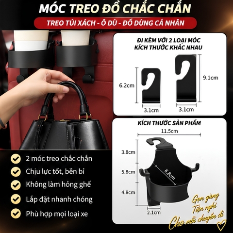(KH) Móc treo đồ kiêm giá đỡ cốc 2 in 1 sau ghế tiện ích