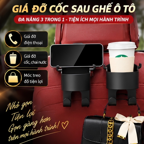 (KH) Móc treo đồ kiêm giá đỡ cốc 2 in 1 sau ghế tiện ích