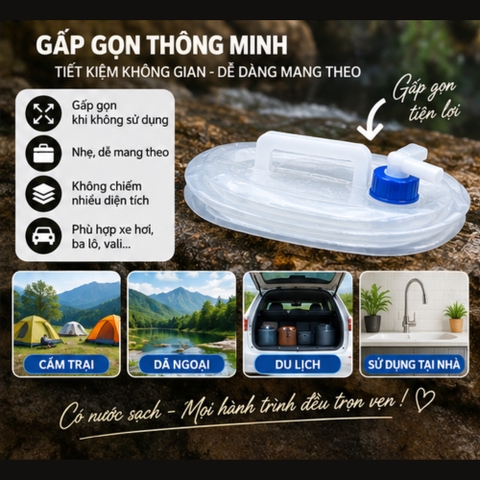 Thùng Đựng Nước Gấp Gọn Đi Du Lịch Dã Ngoại Siêu Nhẹ 5L 10l 15L