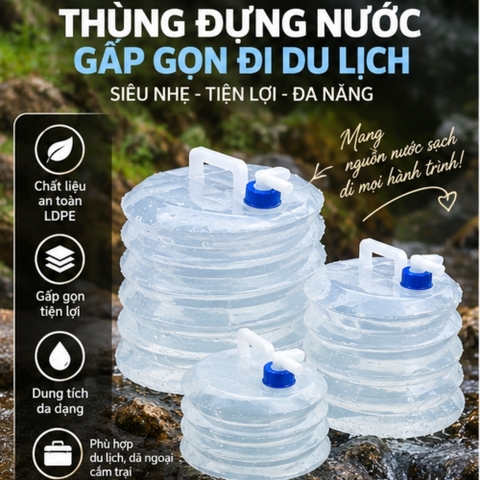 Thùng Đựng Nước Gấp Gọn Đi Du Lịch Dã Ngoại Siêu Nhẹ 5L 10l 15L