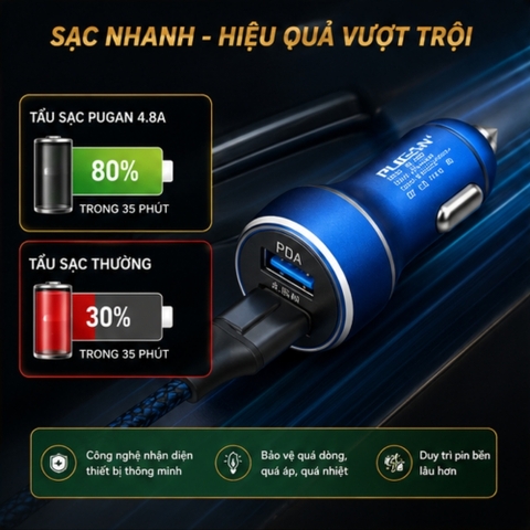 Tẩu sạc pugan 4.8A gồm 2 cổng usb và dây sạc 3 đầu ( mẫu cũ )