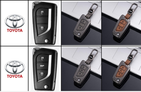 Bộ ốp kim loại lưng da lộn dập chìm logo + móc khoá TOYOTA
