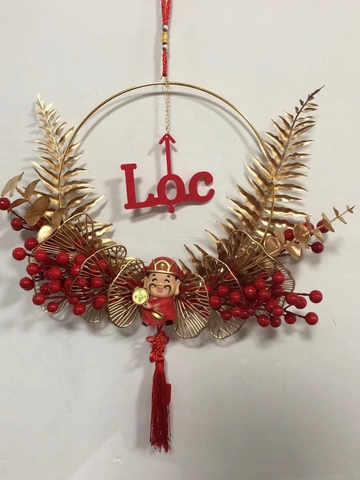 Vòng hoa đào đông tài lộc vượng khí, vòng hoa treo cửa may mắn trang trí ngày Tết