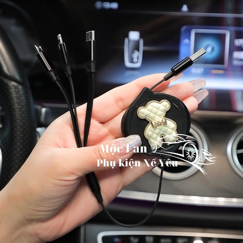 Combo dây sạc rút gọn 3 đầu đen+ icon gấu bearick trắng