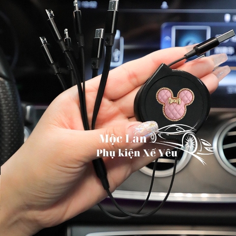 Combo dây sạc rút gọn 3 đầu đen+ icon gấu mickey hồng