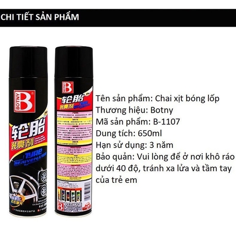 Chai xịt bọt làm bóng lốp chính hãng Botny 650ml