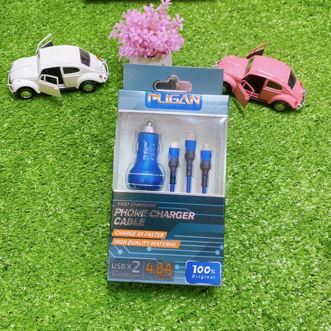Tẩu sạc pugan 4.8A gồm 2 cổng usb và dây sạc 3 đầu ( mẫu cũ )