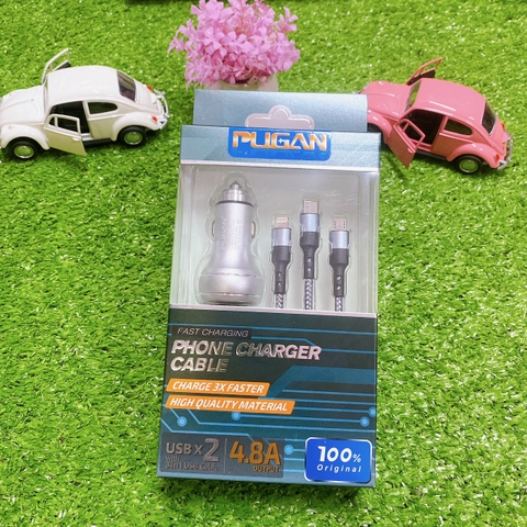 Tẩu sạc pugan 4.8A gồm 2 cổng usb và dây sạc 3 đầu ( mẫu cũ )