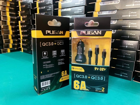 (QC3.0) Tẩu sạc Pugan 6A sạc cực nhanh cực đỉnh từ 9V-32V kèm dây cáp 3 đầu