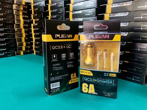 (QC3.0) Tẩu sạc Pugan 6A sạc cực nhanh cực đỉnh từ 9V-32V kèm dây cáp 3 đầu