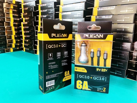 (QC3.0) Tẩu sạc Pugan 6A sạc cực nhanh cực đỉnh từ 9V-32V kèm dây cáp 3 đầu