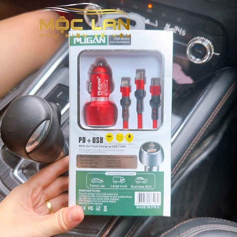Tẩu sạc pugan 4.8A có chân USB +PD Type C và dây sạc 3 đầu ( mẫu mới )