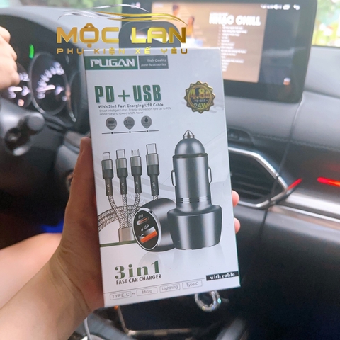 Tẩu sạc pugan 4.8A có chân USB +PD Type C và dây sạc 3 đầu ( mẫu mới )