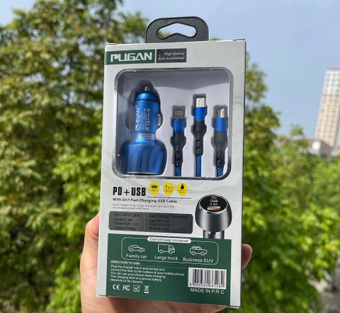 Tẩu sạc pugan 4.8A có chân USB +PD Type C và dây sạc 3 đầu ( mẫu mới )