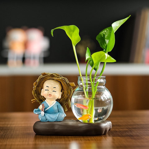 Tượng chú tiểu 4 không,Tượng chú tiểu Cầm-kỳ-thi-họa-kèm bình thủy sinh, trang trí bàn học, bàn làm việc