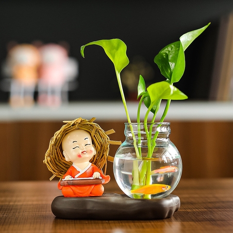 Tượng chú tiểu 4 không,Tượng chú tiểu Cầm-kỳ-thi-họa-kèm bình thủy sinh, trang trí bàn học, bàn làm việc