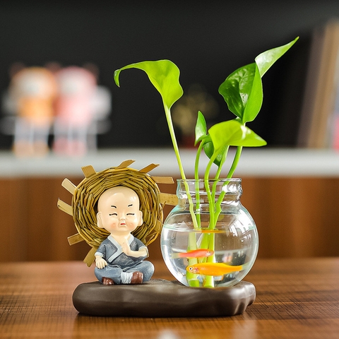 Tượng chú tiểu 4 không,Tượng chú tiểu Cầm-kỳ-thi-họa-kèm bình thủy sinh, trang trí bàn học, bàn làm việc