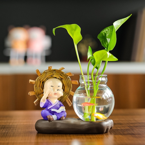 Tượng chú tiểu 4 không,Tượng chú tiểu Cầm-kỳ-thi-họa-kèm bình thủy sinh, trang trí bàn học, bàn làm việc