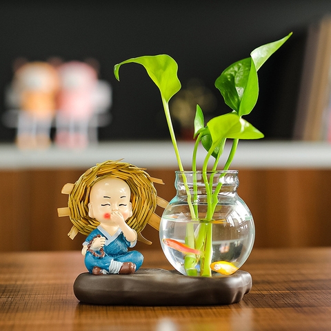 Tượng chú tiểu 4 không,Tượng chú tiểu Cầm-kỳ-thi-họa-kèm bình thủy sinh, trang trí bàn học, bàn làm việc