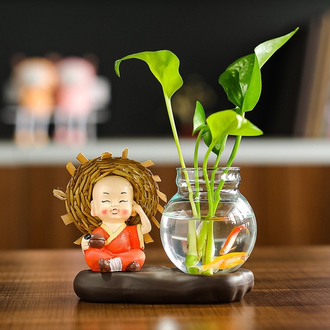 Tượng chú tiểu 4 không,Tượng chú tiểu Cầm-kỳ-thi-họa-kèm bình thủy sinh, trang trí bàn học, bàn làm việc