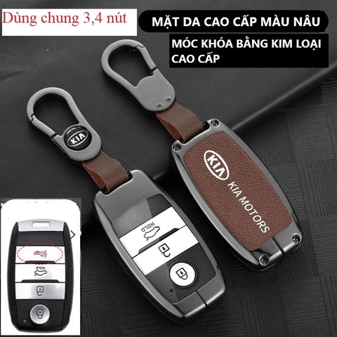 Bộ ốp kim loại lưng da + móc khoá dây da hãng KIA