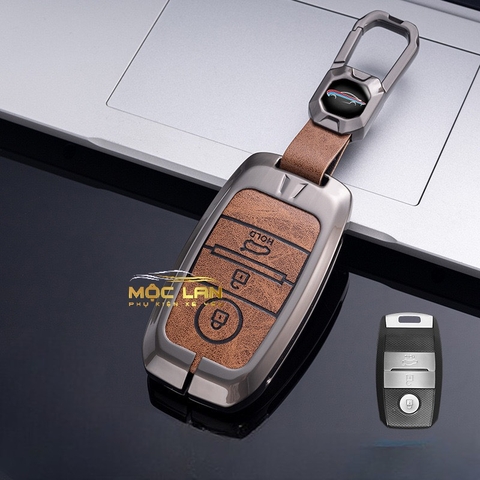 Bộ ốp kim loại lưng da lộn dập chìm logo + móc khoá KIA