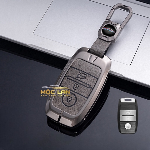 Bộ ốp kim loại lưng da lộn dập chìm logo + móc khoá KIA