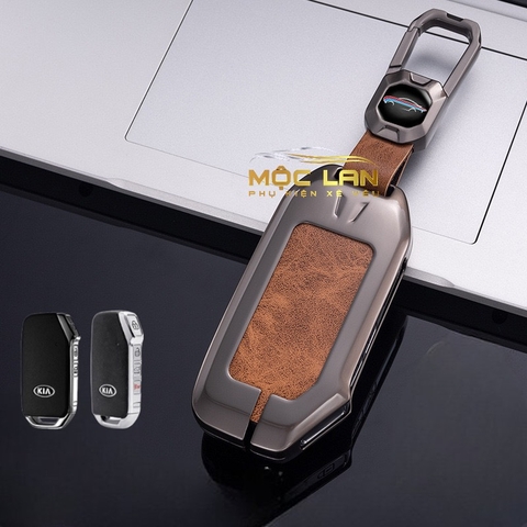 Bộ ốp kim loại lưng da lộn dập chìm logo + móc khoá KIA