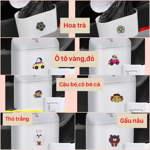 combo thùng rác mini trắng mix các loại icon HT trắng+HT đen+gấu nâu+thỏ trắng+ ô tô đỏ+ô tô vàng+cô bé cá+cậu bé cá