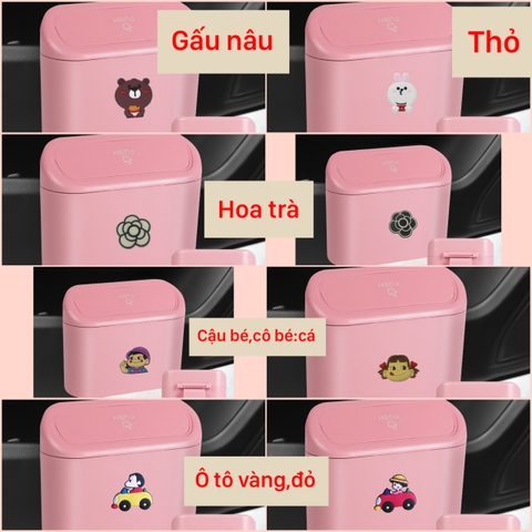 combo thùng rác mini hồng mix các loại icon HT trắng+HT đen+gấu nâu+thỏ trắng+ ô tô đỏ+ô tô vàng+cô bé cá+cậu bé cá