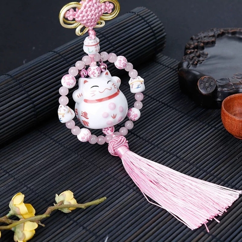 Khánh mèo sứ thần tài mix vòng hạt treo phong thủy