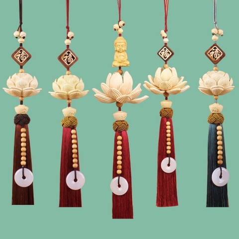 Khánh Treo Gương Hậu Ô Tô Hình Hoa Sen Chạm Khắc Thủ Công Từ Gỗ Hoàng Dương Cao Cấp