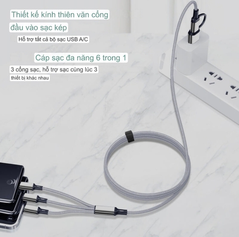 Dây Cáp Sạc 3in1 3A 1.2M Cổng USB Type C Sang Lightning + Type C + Micro USB Cho iP / Android Samsung