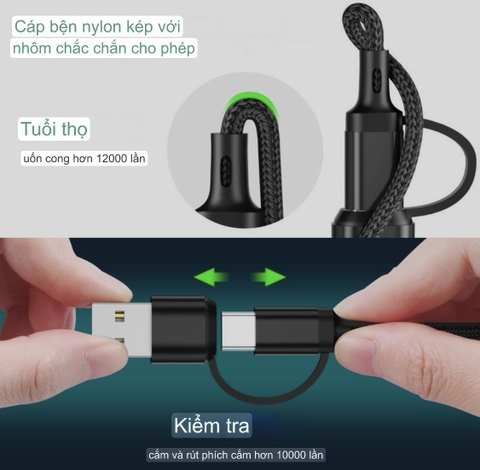 Dây Cáp Sạc 3in1 3A 1.2M Cổng USB Type C Sang Lightning + Type C + Micro USB Cho iP / Android Samsung