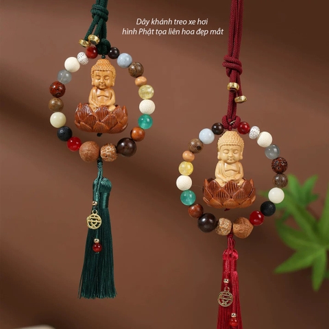 Khánh Treo Xe ô tô Phật Thích Ca Hoa Sen Vòng Tròn Ngọc Gỗ Hoàng Dương Thơm