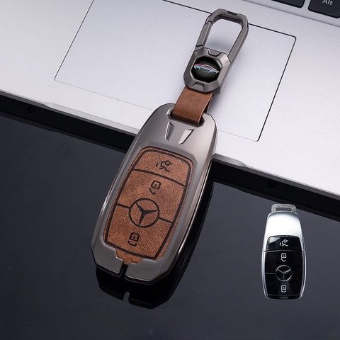 Bộ ốp kim loại lưng da lộn dập chìm logo + móc khoá MERCEDES