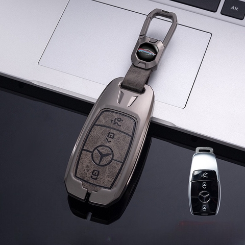 Bộ ốp kim loại lưng da lộn dập chìm logo + móc khoá MERCEDES