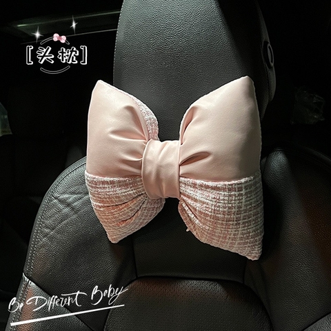 Bộ gối tựa đầu và tựa lưng ô tô hình Nơ kẻ dạ nhồi bông xinh xắn