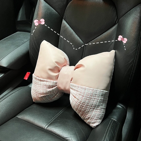 Bộ gối tựa đầu và tựa lưng ô tô hình Nơ kẻ dạ nhồi bông xinh xắn