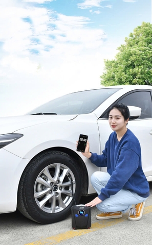 Bơm lốp ô tô, xe máy AIKESI bơm hơi 12V đồng hồ điện tử tự ngắt