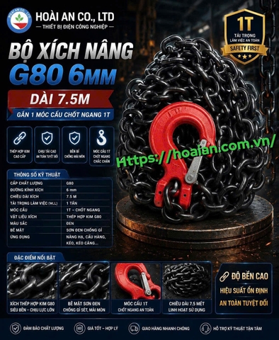 Bộ xích nâng đen G80 6mm dài 7.5M gắn 1 móc cẩu chốt ngang 1T