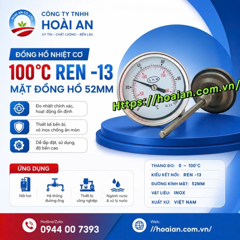 Đồng hồ cơ nhiệt 100°C Ren -13 Mặt đồng hồ 52mm