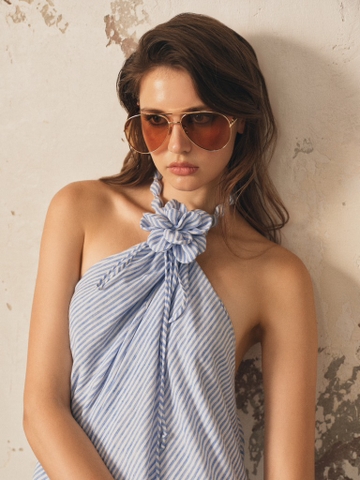 BLUE STRIPED HALTER DRESS