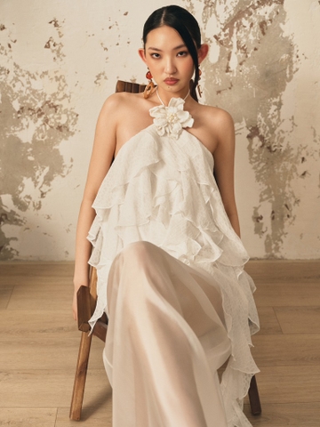 WHITE RUFFLE CHIFFON MAXI