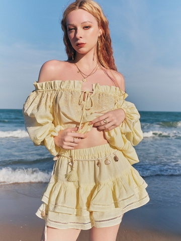 YELLOW OFF-SHOULER LINEN SHIRT