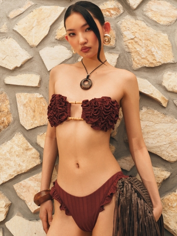 BROWN RUFFLED BANDEAU BIKINI